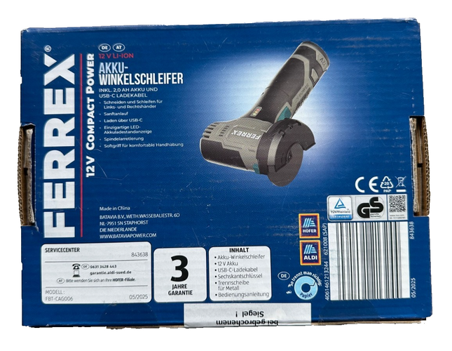 FERREX 12 V akumulatora leņķa slīpmašīna, komplektā ar 2,0 Ah akumulatoru, USB-C uzlādes kabeli, new&amp;ovp