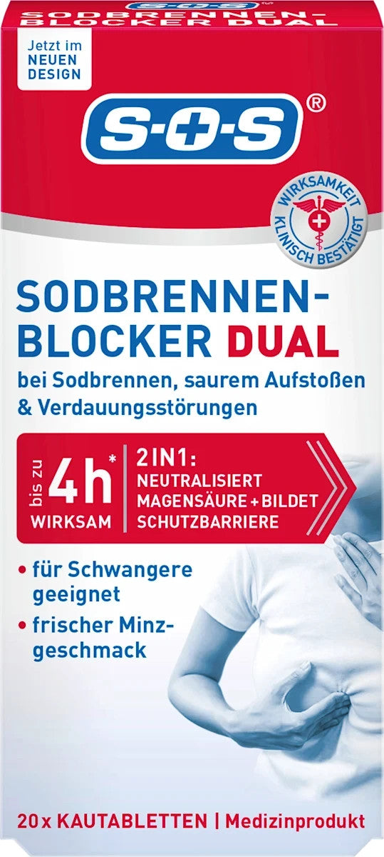 SOS grēmas bloķētājs DUAL košļājamās tabletes, 1 x 20 tabletes, jaunas un aizzīmogotas