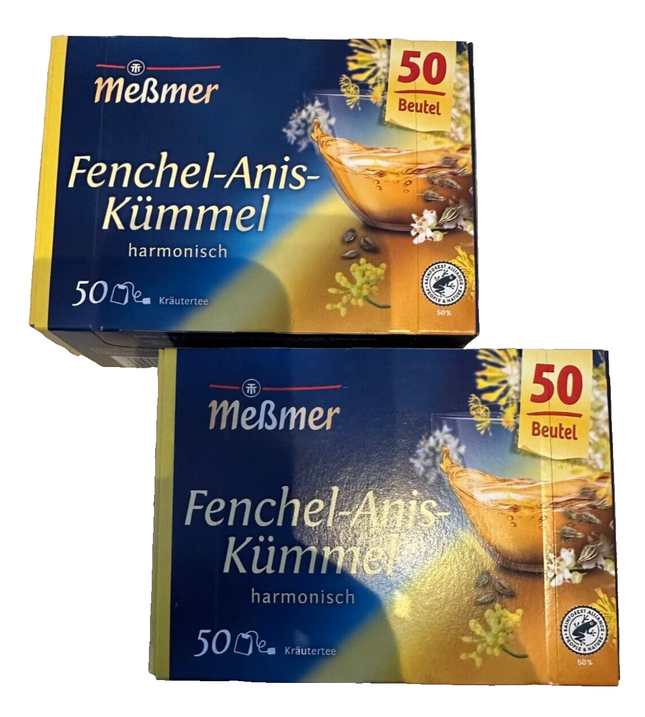 Meßmer fenheļa-anīsa-ķimeņu zāļu tēja, 2 lieli iepakojumi (2 x 50 maisiņi), jauni un aizzīmogoti