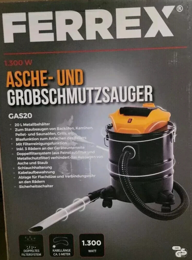 FERREX pelnu un rupjo netīrumu putekļsūcējs, 1300 W kamīns, plīts un putekļsūcējs, jauns