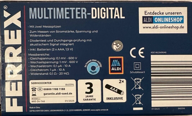 Ferrex digitālais multimetrs, voltmetrs, pretestības, strāvas, ampēru mērīšana, jauns un noslēgts