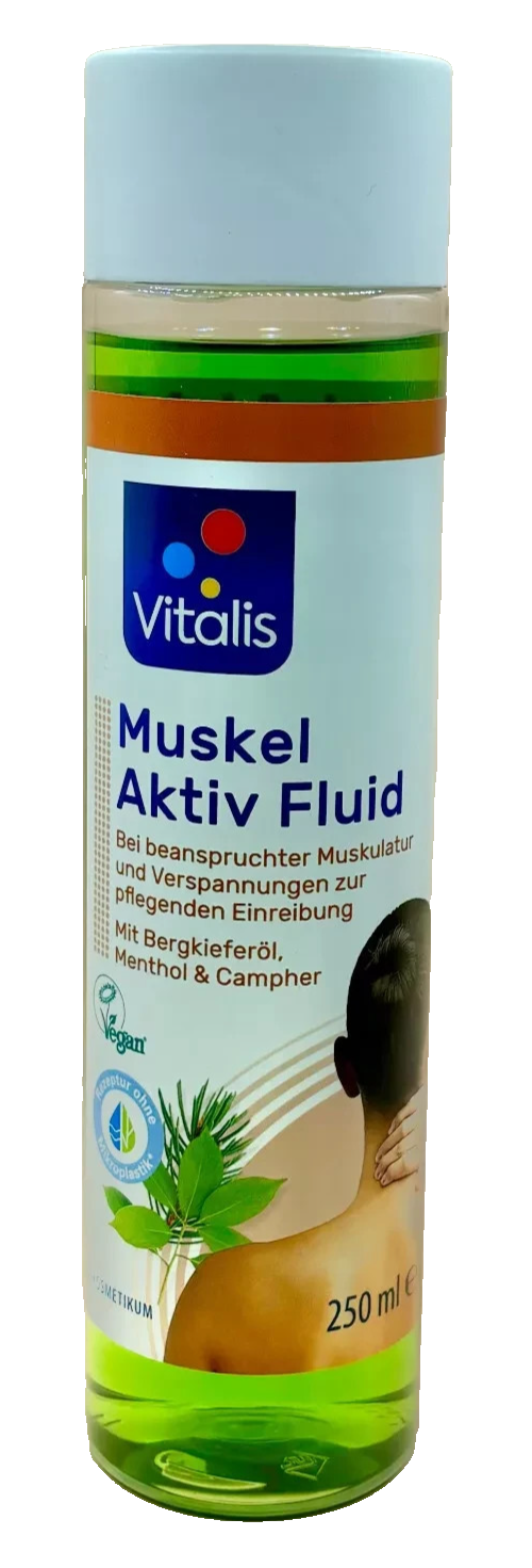 Vitalis Muscle Active Fluid ar kalnu priežu eļļu, kamparu un mentolu, 250 ml, jauns un iesaiņots iepakojumā