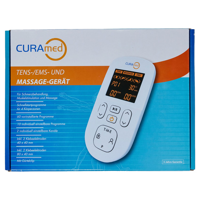 جهاز تدليك CuraMed TENS-EMS مزود بـ 60 برنامجًا بما في ذلك مشبك الحزام، جديد وفي عبوته الأصلية
