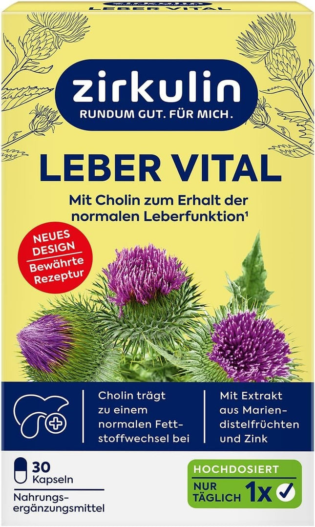 Zirkulin Liver Vital, 30 kapsulas ar holīnu, piena dadža augļu ekstraktu un cinku, oriģinālajā iepakojumā