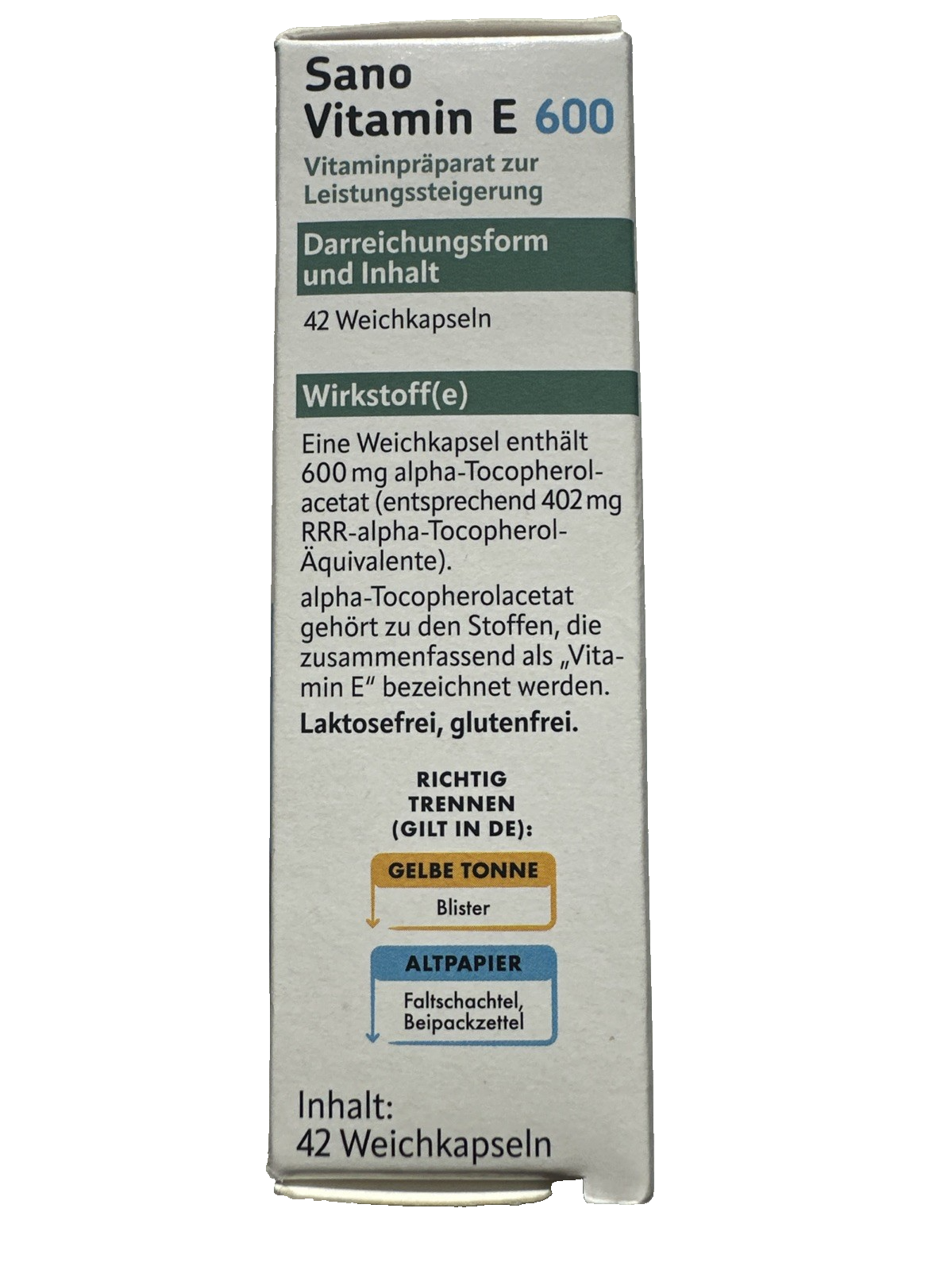 Altapharma Sano Vitamin E 600, 42 Kapseln, für Leistungsfähigkeitsteigerung, neu