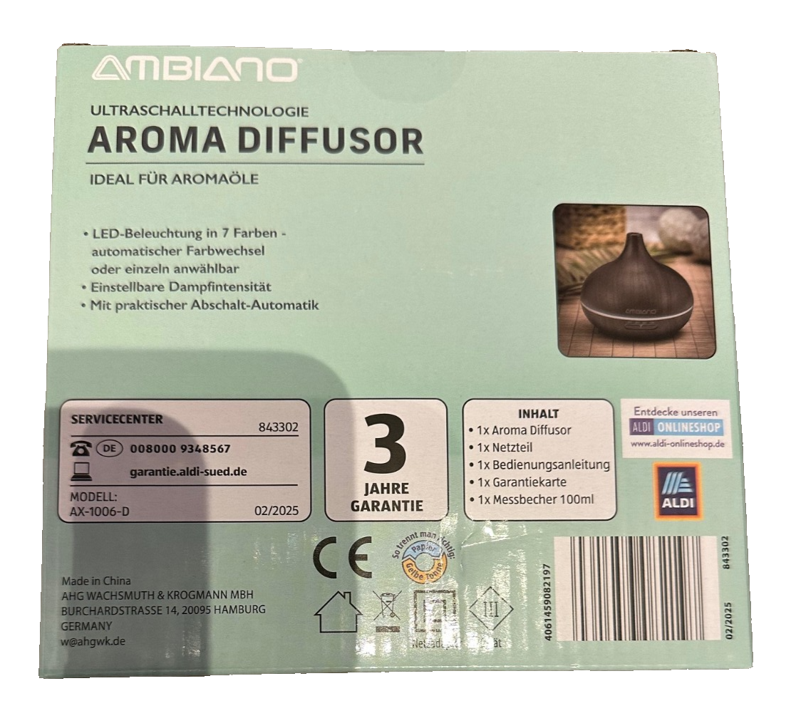 AMBIANO Ultraschall-Aroma-Diffusor, LED Beleuchtung, Timer, neu&ovp