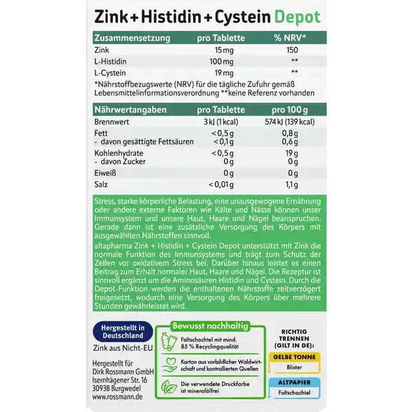 Altapharma Zink + Histidin + Cystein Depot Tabletten, neu&ovp