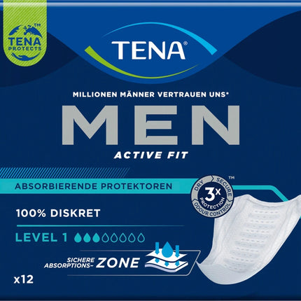 TENA MEN Active Fit 1. līmeņa absorbējošie ieliktņi urīna nesaturēšanas gadījumā, 1 x 12 ieliktņi, jauni un noslēgti