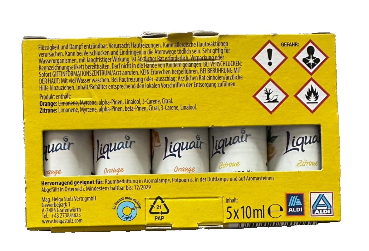 Liquair ēteriskās eļļas, apelsīnu-citronu, 5 gab. komplekts, difuzoram/aromātiskajai lampai, jauns un oriģināls iepakojums