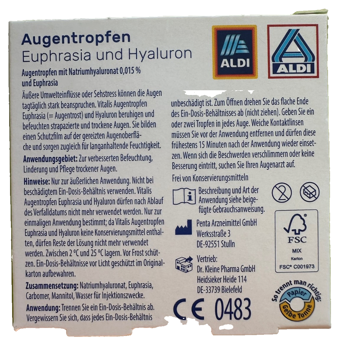 Vitalis Augentropfen, Euphrasia&Hyaluron, ohne Konservierungsmittel, 1x10St, neu