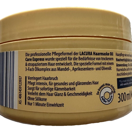 LACURA matu maska ​​Oil Care Express, trīskāršs eļļu komplekss, vegāna, jauna un noslēgta
