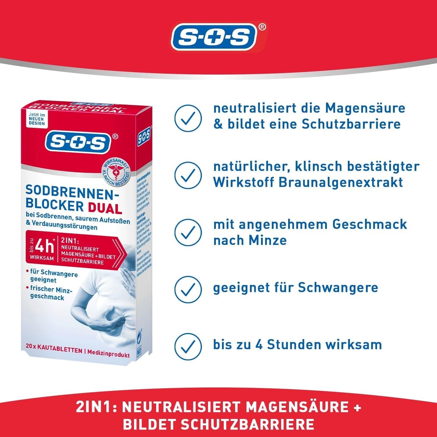 SOS grēmas bloķētājs DUAL košļājamās tabletes, 1 x 20 tabletes, jaunas un aizzīmogotas