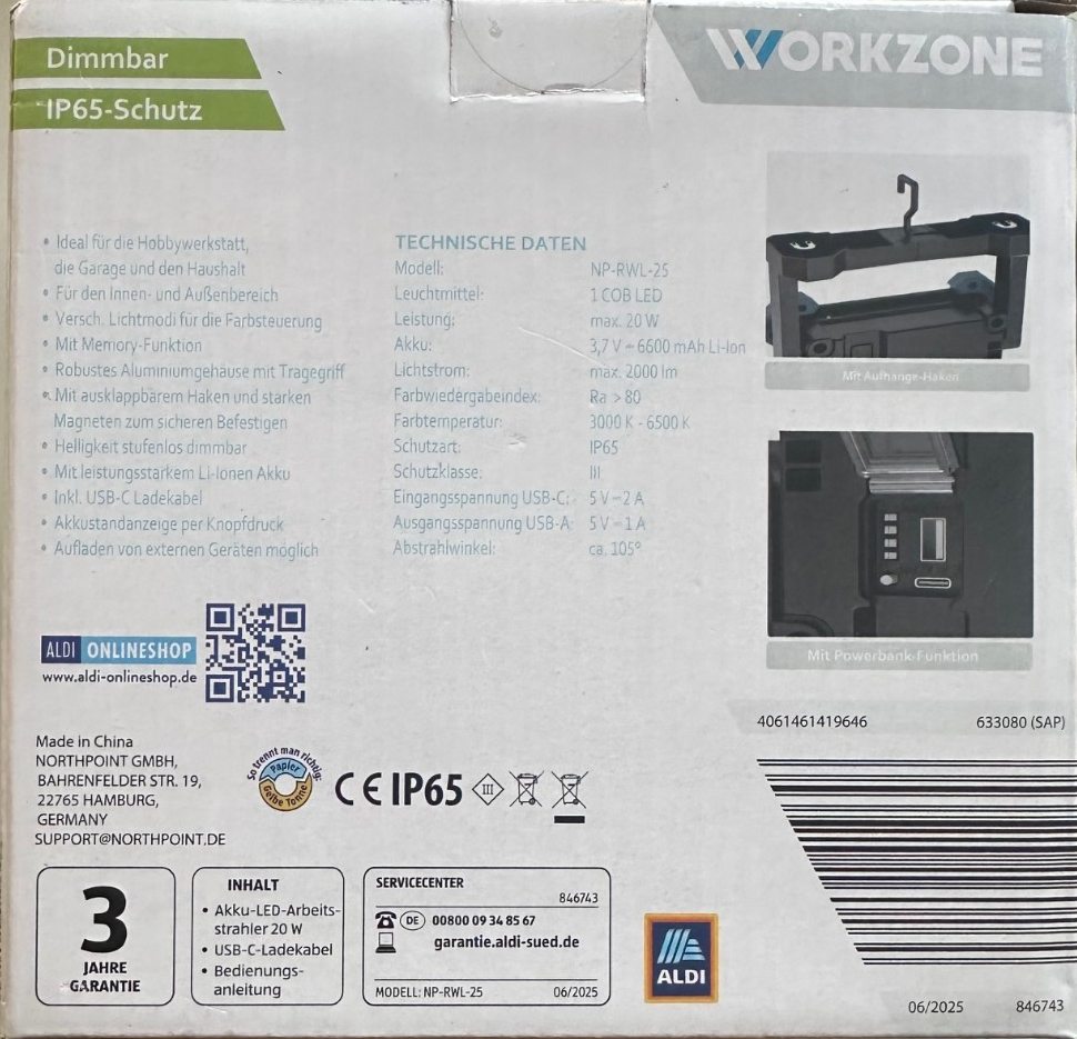 WORKZONE Wiederaufladbarer LED-Strahler, Mit Powerbank-Funktion, neu&ovp