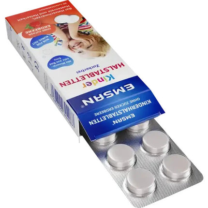 Emsan bērnu kakla pastilas, bez cukura, zemeņu, 1 x 30 tabletes, jaunas un aizzīmogotas