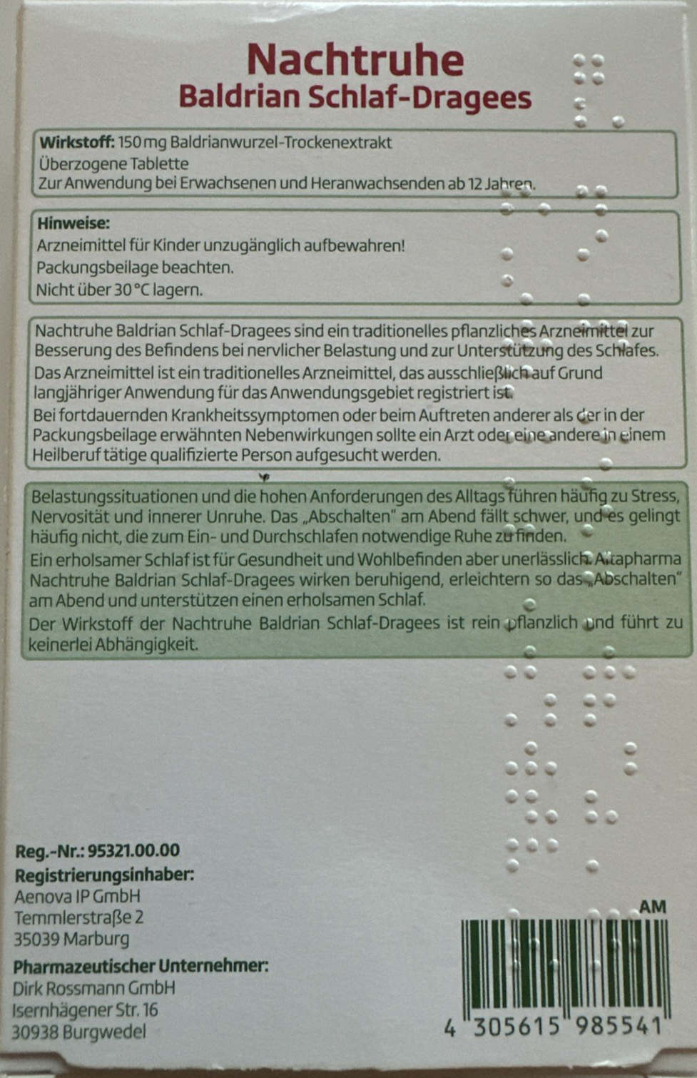 Altapharma Nachtruhe Baldrian Schlaf-Dragees, 60 St., Neu&OVP
