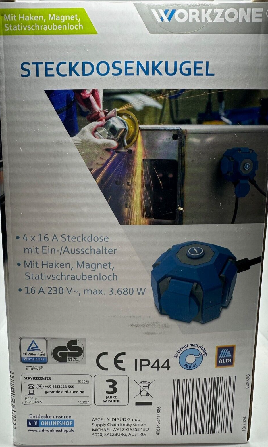 Steckdosenkugel WORKZONE, 4-fach für Innen und Außen, Neu, OVP