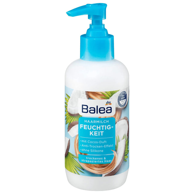 Balea Haarmilch Feuchtigkeit - Pflegende Haarmilch mit Kokosduft, Anti-Trocken-Effekt, ideal für trockenes & strapaziertes Haar, ohne Silikone und vegan, 200 ml