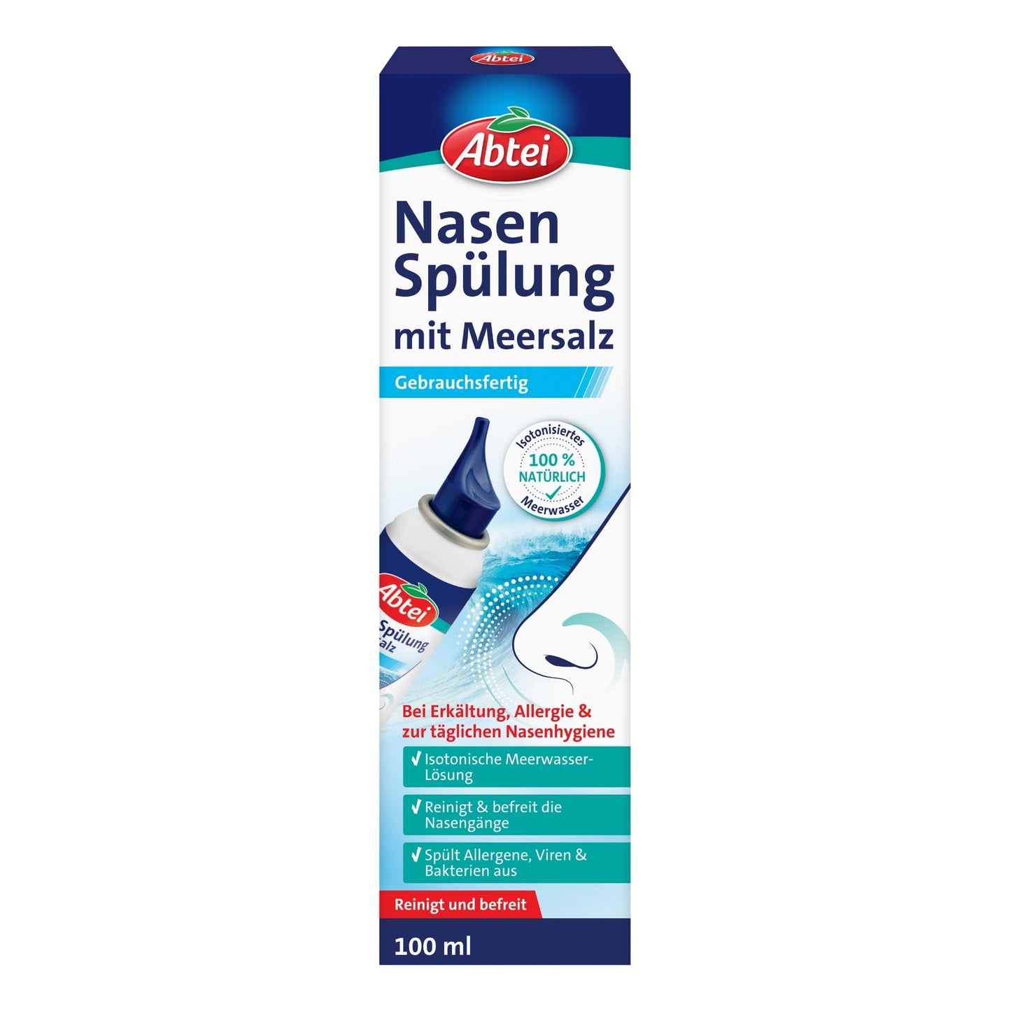 Abtei Nasen Spülung mit Meersalz - Isotonisches Nasenspray mit Meerwasser - bei Erkältung, Allergie und zur täglichen Nasenhygiene - 1 x 100 ml