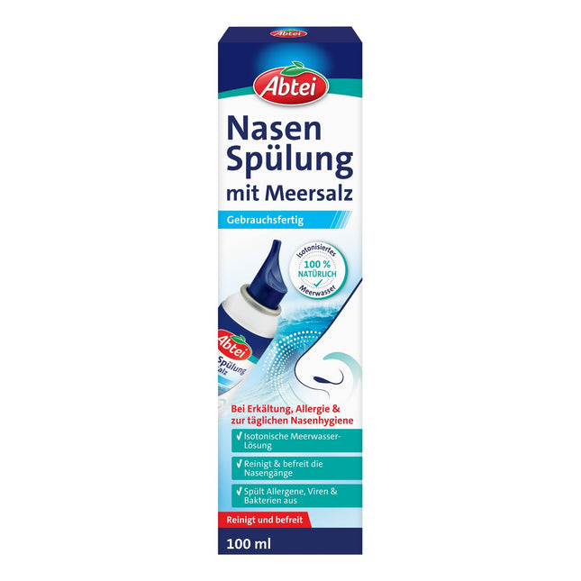 Abtei Nasen Spülung mit Meersalz - Isotonisches Nasenspray mit Meerwasser - bei Erkältung, Allergie und zur täglichen Nasenhygiene - 1 x 100 ml