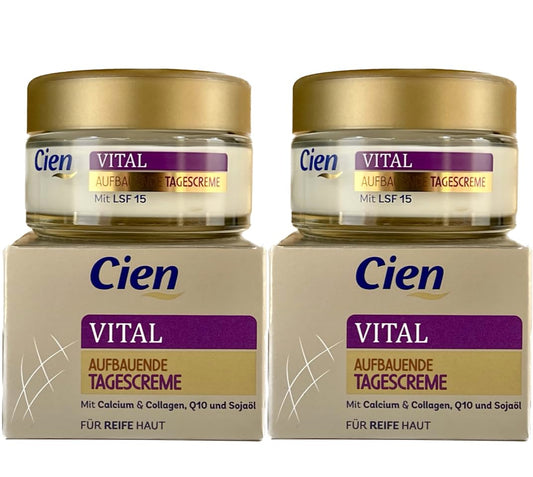 Cien 2er-Set Hautpflege: VITAL Aufbauende Tagescreme für reife Haut reichhaltige Pflege & intensive Feuchtigkeit, Creme mit Calcium, Collagen, Q10, Sojaöl, optimaler Schutz LSF 15 (2 x 50 ml), 100 ml