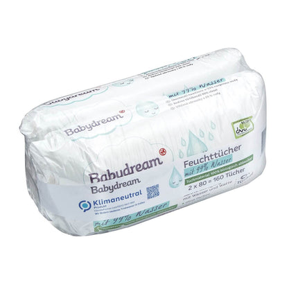 Babydream bērnu mitrās salvetes ar 99% ūdens saturu, 160 salvetes (2 x 80 salvetes), maiga tīrīšana - kā ar ūdeni un vates plāksnīti, bez smaržvielām, īpaši mitras, vegānas