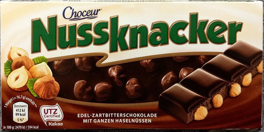 CHOCEUR Nussknacker Zartbitter 100g - Tafel Zartbitterschokolade mit knackigen Haselnüssen - Intensiver und hochwertiger Genuss
