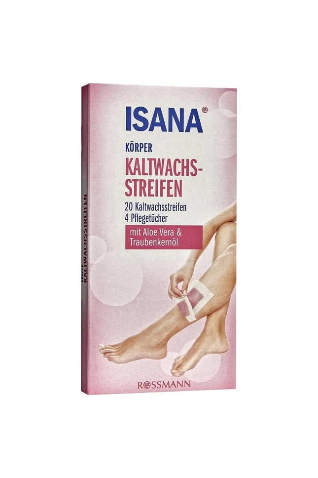 ISANA Kaltwachsstreifen Körper 20 Stück mit Aloe Vera & Traubenkernöl, 20 Kaltwachsstreifen & 4 Pflegetücher, für Beine & Körper