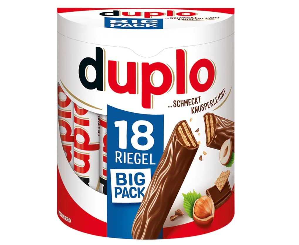 Ferrero Duplo Schokoriegel Waffel mit cremiger Kakaofüllung und Haselnüssen (18 x 18,2g) 1 Packung mit je 18 Einzelriegeln
