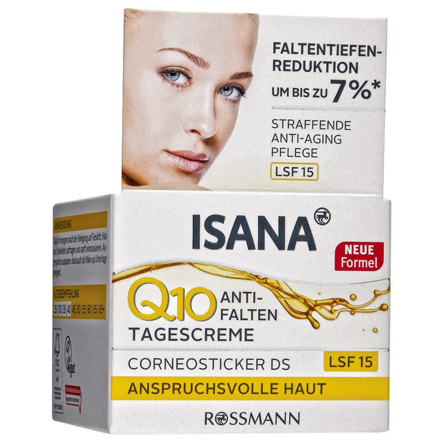 ISANA Q10 dienas krēms pret grumbām 50 ml prasīgai ādai, Corneosticker DS, grumbu dziļuma samazināšana līdz pat 7%*, nostiprinoša pretnovecošanās kopšana