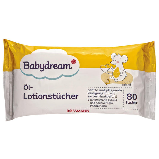 Babydream Öl-Lotionstücher 80 Stück sanfte & pflegende Reinigung für ein zartes Hautgefühl, mit Rosmarin-Extrakt & hochwertigen Pflanzenölen