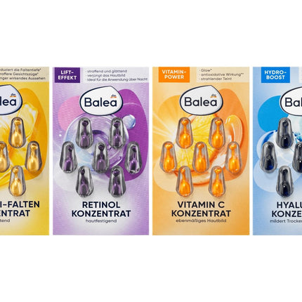 Balea koncentrātu komplekts ar 28 kapsulām, 4 dažādu koncentrātu paraugu iepakojums, dāvanu komplekts, retinols, C vitamīns, hialuronskābe, Q10 pretgrumbu līdzeklis (4 x 7 kapsulas), 28 lietošanas reizes