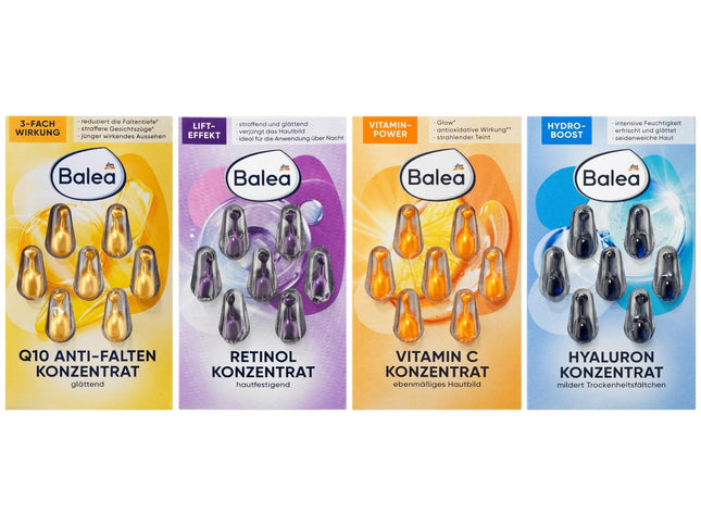 Balea koncentrātu komplekts ar 28 kapsulām, 4 dažādu koncentrātu paraugu iepakojums, dāvanu komplekts, retinols, C vitamīns, hialuronskābe, Q10 pretgrumbu līdzeklis (4 x 7 kapsulas), 28 lietošanas reizes