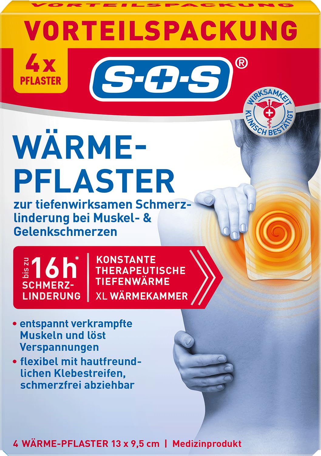 SOS Wärme-Pflaster (4 Stk.) - bei Muskel & Gelenkschmerzen | Wärmepflaster für Rücken, Nacken & Schultern | lösen Verspannungen mit 8h Tiefenwärme