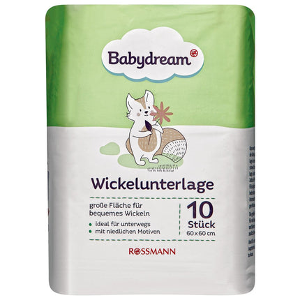 Babydream Wickelunterlage 1 x 10 Stück große Fläche für bequemes Wickeln, ideal für unterwegs, mit niedlichen Motiven, Maße: ca. 60/60 cm
