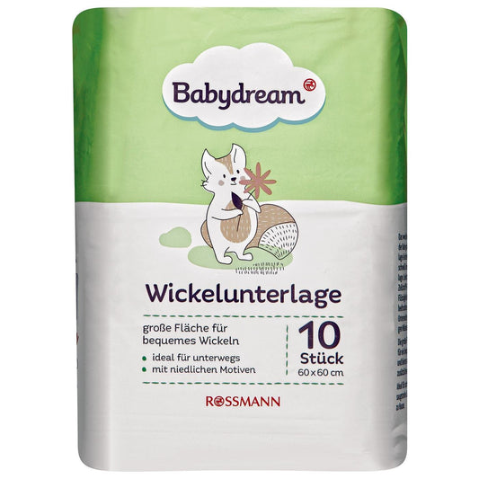 Babydream Wickelunterlage 1 x 10 Stück große Fläche für bequemes Wickeln, ideal für unterwegs, mit niedlichen Motiven, Maße: ca. 60/60 cm