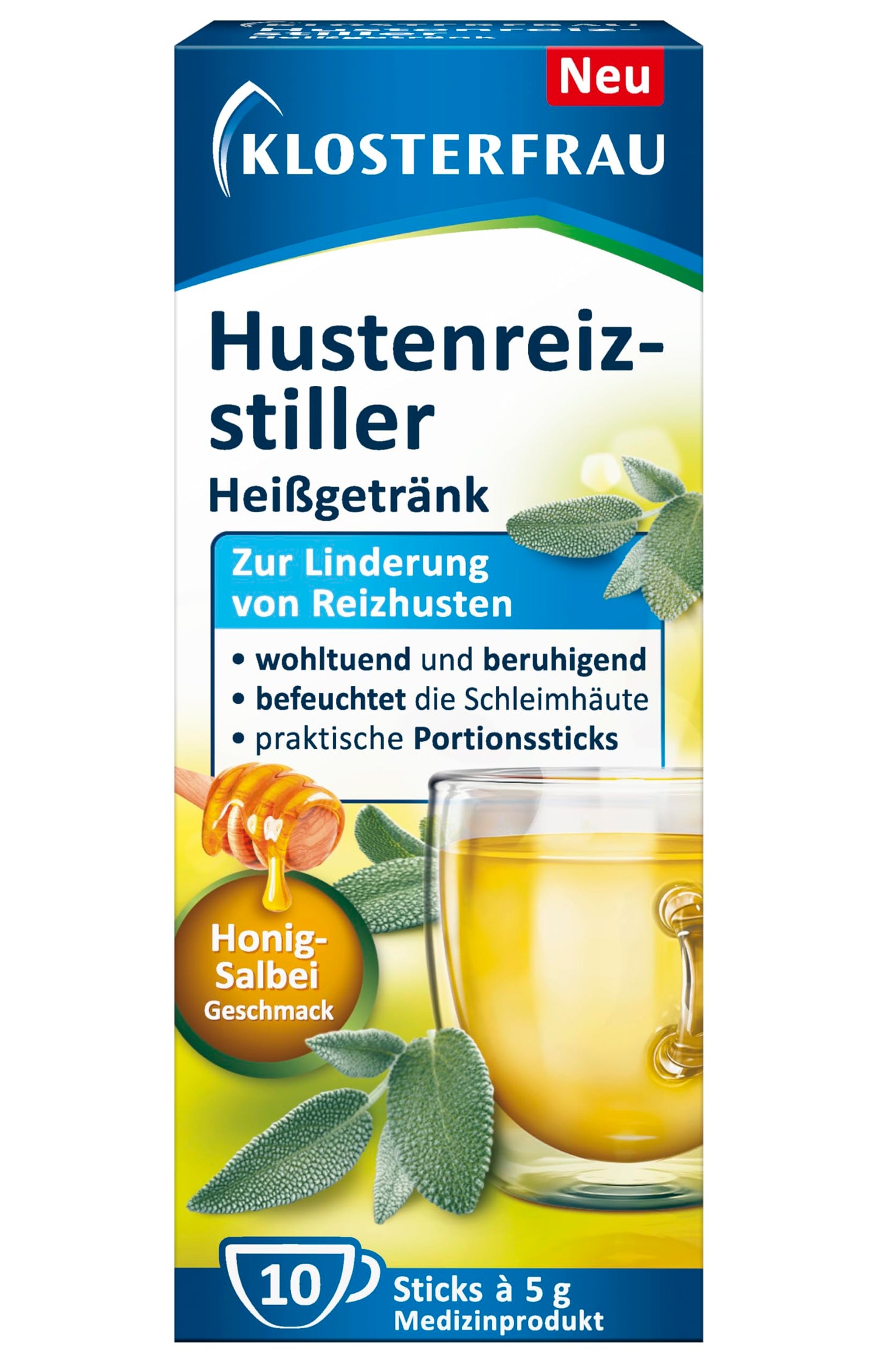 Klosterfrau Hustenreizstiller Heißgetränk | Honig-Salbei Geschmack | Zur Linderung von Reizhusten | praktische Portionssticks | 10 Stück