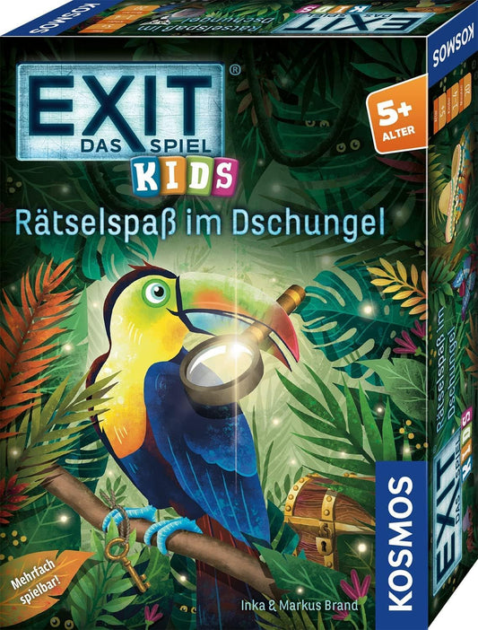 KOSMOS 683375 EXIT® — The Game Kids — Džungļu mīklu jautrība, Mīklu spēle bērniem no 5 gadu vecuma, paredzēta 1–4 gadu vecumam, Vairāku spēlēšanas iespēju, Izlaušanās istabas spēle, EXIT spēle, Bērnu spēle