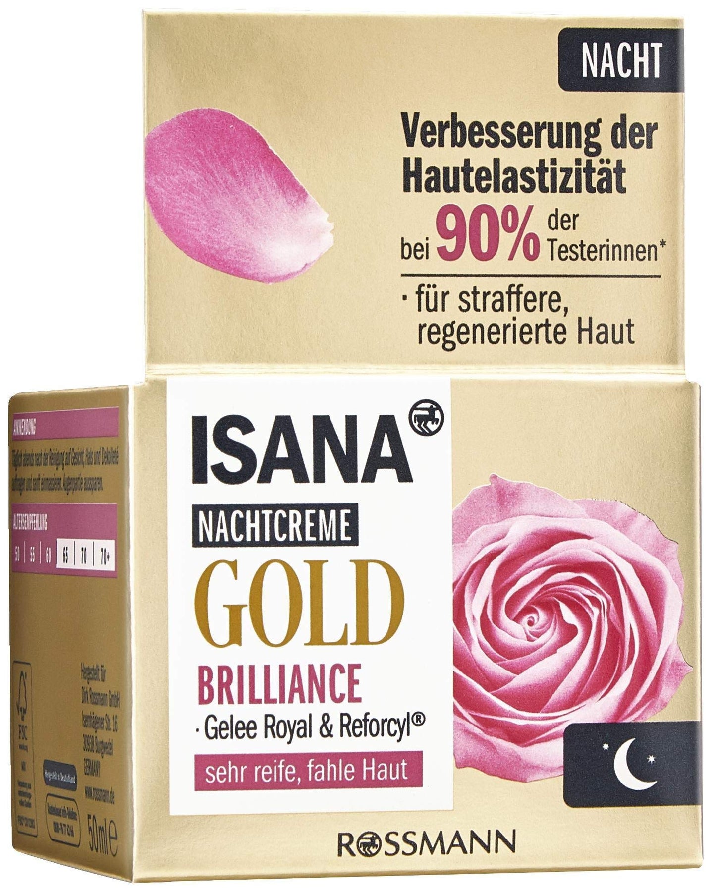 ISANA Age Performance Gold Nachtcreme 50 ml für sehr reife, müde Haut, Gelee Royal & Reforcyl®, Hautverträglichkeit dermatologisch bestätigt