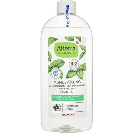 Alterra Organic Mint mutes skalošanas līdzeklis, 450 ml, aizsargā pret aplikumu un zobakmeni, aizsargā pret kariesu un stiprina zobu emalju, ar organisko smiltsērkšķu augļu ūdeni, bez alkohola, vegāns, sertificēta dabīgā kosmētika