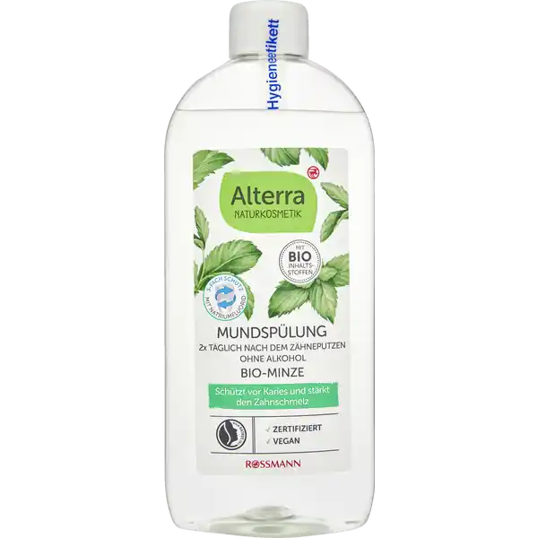 Alterra Organic Mint mutes skalošanas līdzeklis, 450 ml, aizsargā pret aplikumu un zobakmeni, aizsargā pret kariesu un stiprina zobu emalju, ar organisko smiltsērkšķu augļu ūdeni, bez alkohola, vegāns, sertificēta dabīgā kosmētika