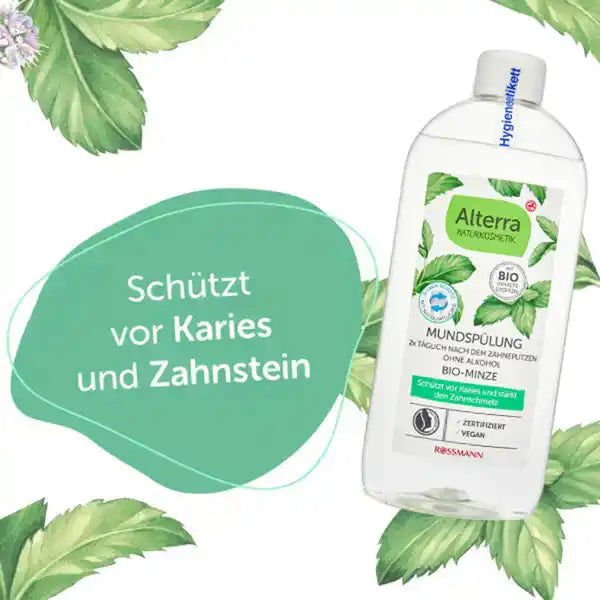 Alterra Organic Mint mutes skalošanas līdzeklis, 450 ml, aizsargā pret aplikumu un zobakmeni, aizsargā pret kariesu un stiprina zobu emalju, ar organisko smiltsērkšķu augļu ūdeni, bez alkohola, vegāns, sertificēta dabīgā kosmētika