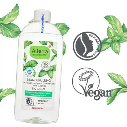 Alterra Organic Mint mutes skalošanas līdzeklis, 450 ml, aizsargā pret aplikumu un zobakmeni, aizsargā pret kariesu un stiprina zobu emalju, ar organisko smiltsērkšķu augļu ūdeni, bez alkohola, vegāns, sertificēta dabīgā kosmētika