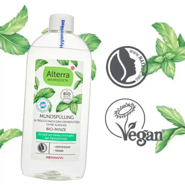 Alterra Organic Mint mutes skalošanas līdzeklis, 450 ml, aizsargā pret aplikumu un zobakmeni, aizsargā pret kariesu un stiprina zobu emalju, ar organisko smiltsērkšķu augļu ūdeni, bez alkohola, vegāns, sertificēta dabīgā kosmētika