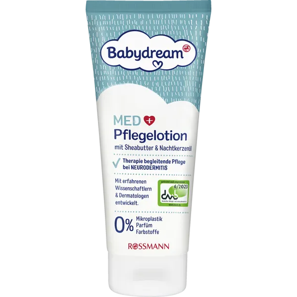 Babydream MED Pflegelotion mit Sheabutter & Nachtkerzenöl, begleitende Pflege bei Neurodermitis, ohne Parfüm, Basispflege für trockene Haut, 200 ml