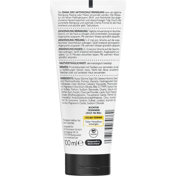 ISANA 3in1 Aktivkohle, Porentiefe Reinigung, Peeling oder Maske, 100ml