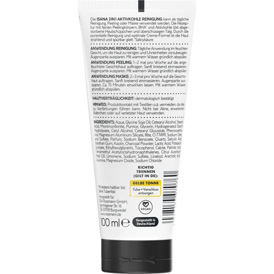 ISANA 3in1 Aktivkohle, Porentiefe Reinigung, Peeling oder Maske, 100ml, neu&ovp