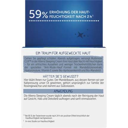 Alterra Sleeping Cream 50 ml für müde Haut, mit Bio-Mandelöl, Daymoist CLR & Hyaluronsäure, Feuchtigkeits-Boost über Nacht, zertifizierte Naturkosmetik, vegan