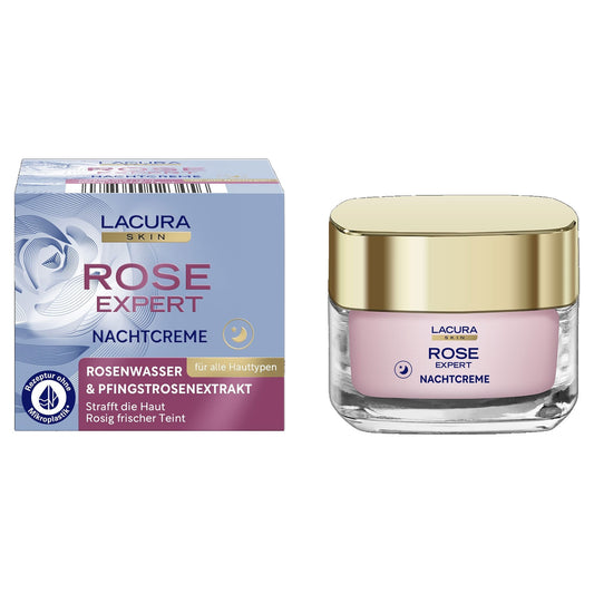 LACURA Skin Rose Expert Nachtcreme mit Rosenblütenwasser & Pfingstrosen-Extrakt, für Alle Hauttypen, 50ml