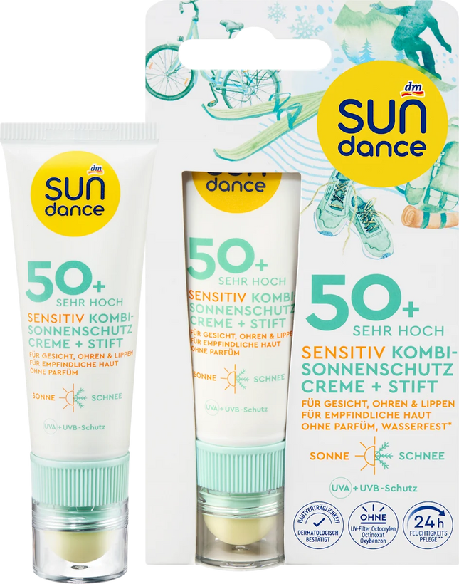 SUNDANCE Sensitive SPF 50+ kombinētais saules aizsargkrēms un zīmulis, UVA un UVB, 23 ml