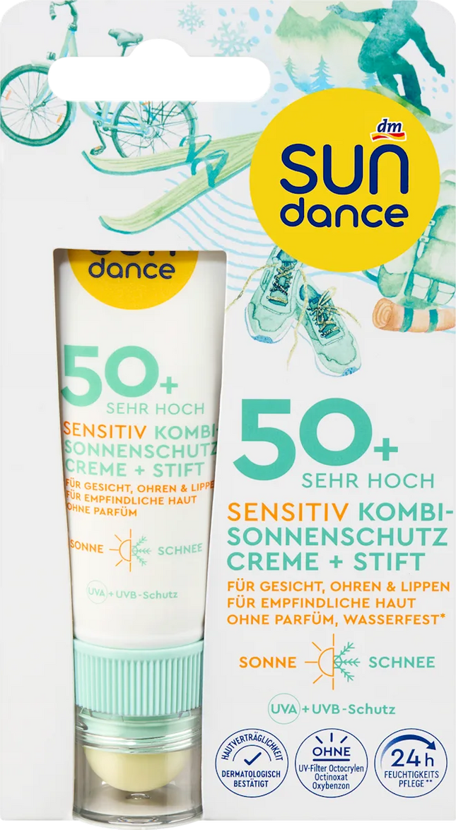 SUNDANCE Sensitive SPF 50+ kombinētais saules aizsargkrēms un zīmulis, UVA un UVB, 23 ml